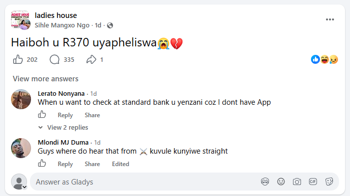 Screenshot of a Facebook post reading "Haiboh u R370 uyapheliswa" with hundreds of comments from confused SRD beneficiaries