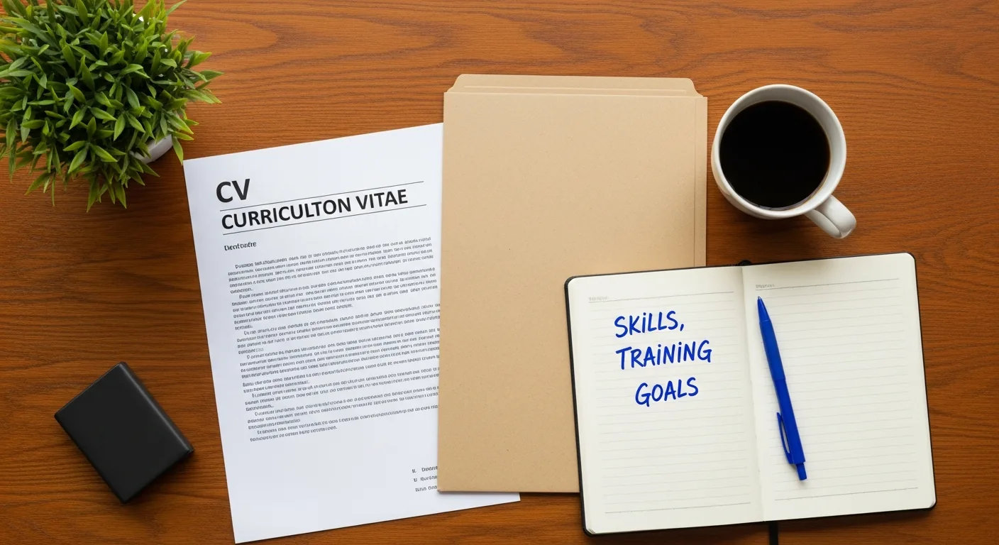 Flat lay of CV resume, manila folder, notebook with skills training goals notes, and coffee mug on wooden table
