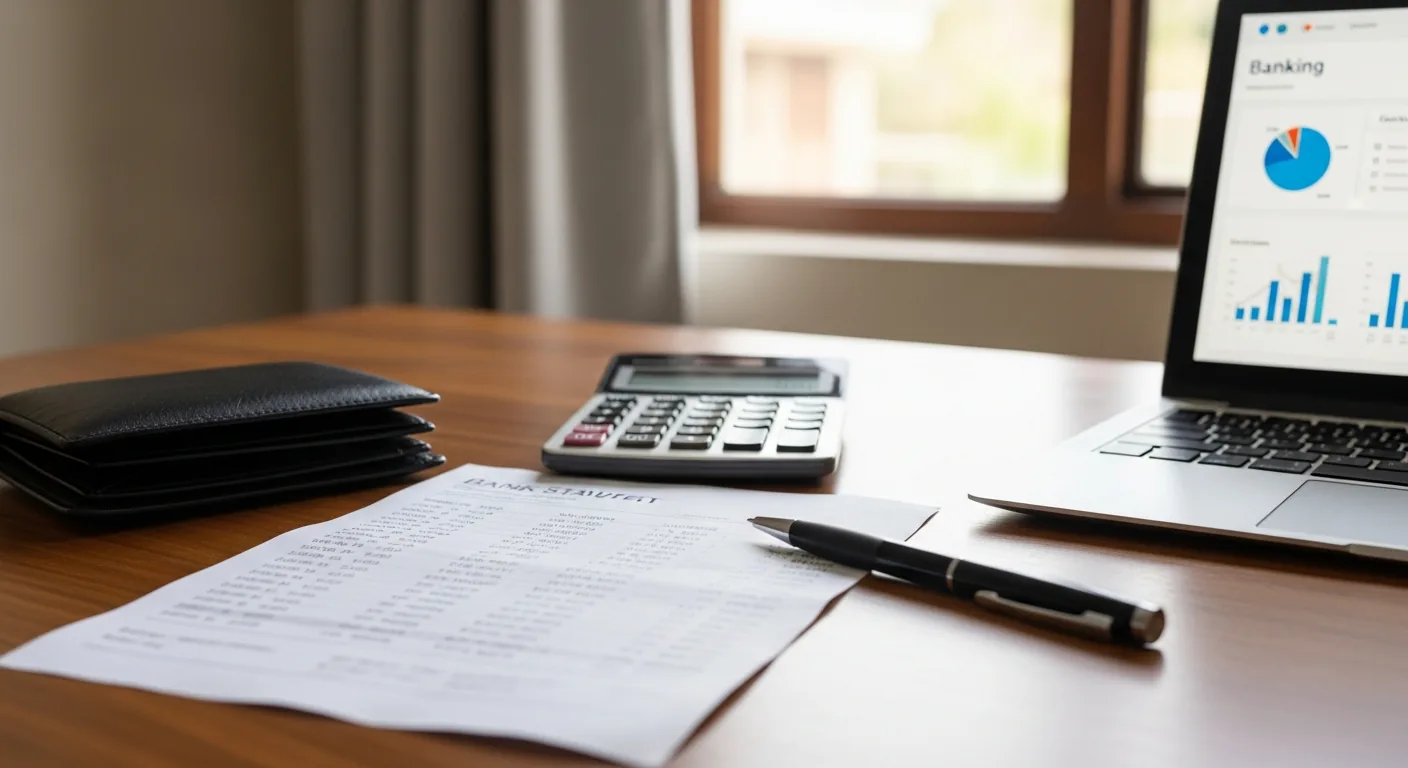 Bank statement, calculator, wallet and laptop showing a banking dashboard on a wooden desk
