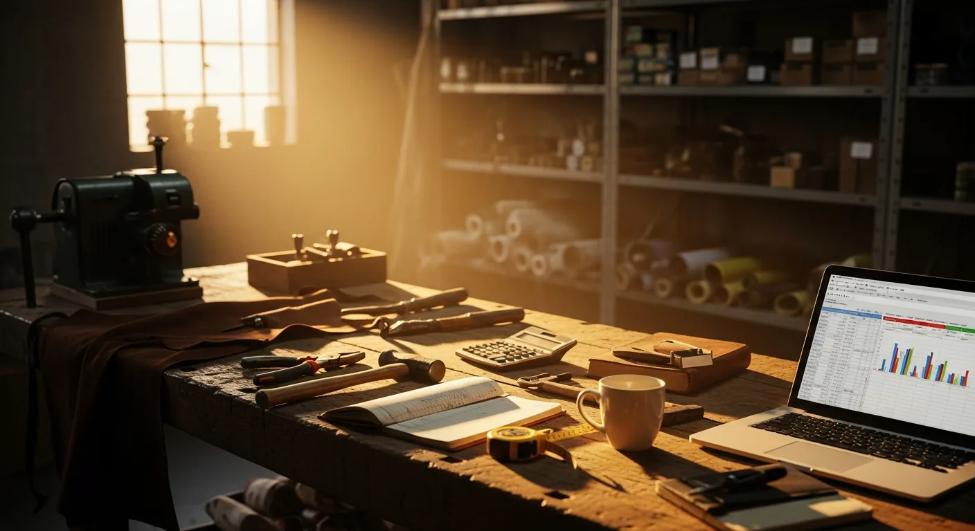 Small business workshop with tools, ledger book and laptop on a wooden workbench