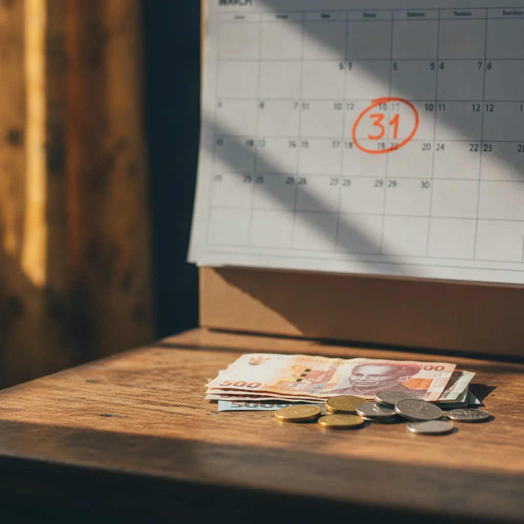 Wall calendar with the August 2026 SRD payment window circled next to a stack of rand banknotes