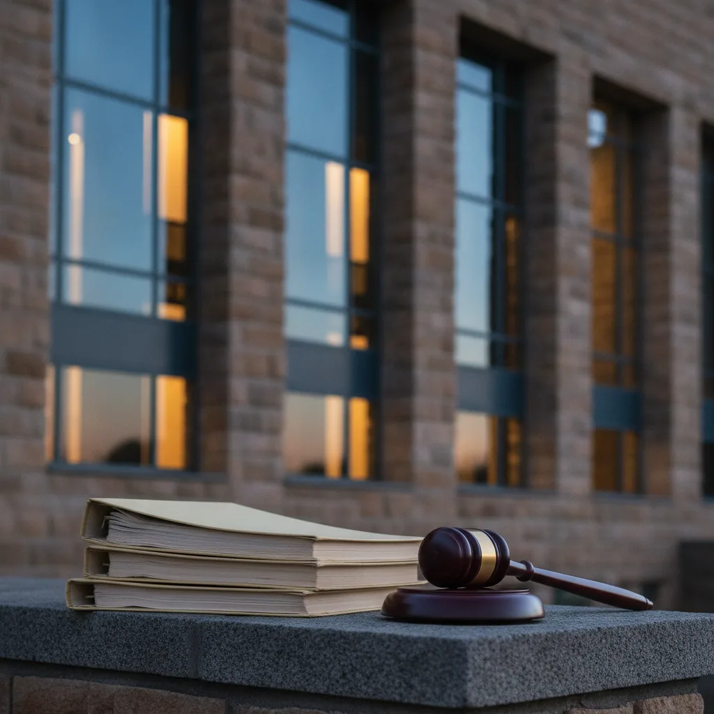 South African appellate court building at dusk with legal folders and a gavel on a stone ledge in the foreground