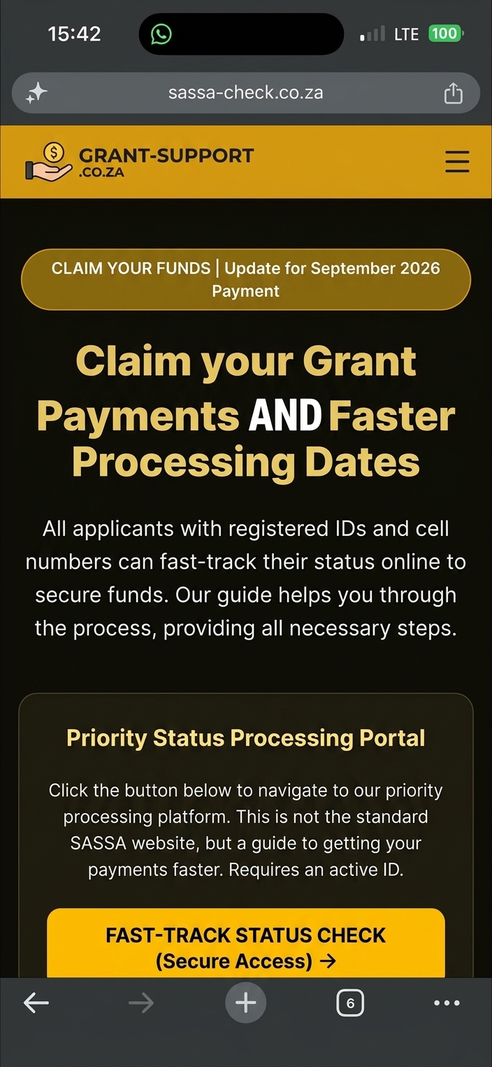 Phone screenshot of sassa-check.co.za with a yellow GRANT-SUPPORT dot CO dot ZA header, a Claim your Grant Payments AND Faster Processing Dates hero, and a yellow Fast-Track Status Check secure access button