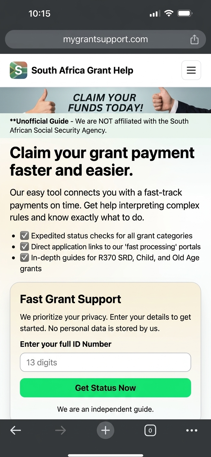 Phone screenshot of mygrantsupport.com with a South Africa Grant Help header, a Claim your grant payment faster and easier hero, a Fast Grant Support form asking for a 13-digit ID number, and a green Get Status Now button