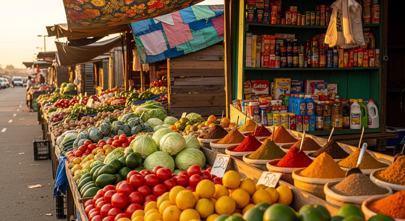 A South African informal trader stall filled with fresh produce, spices and packaged goods at sunset