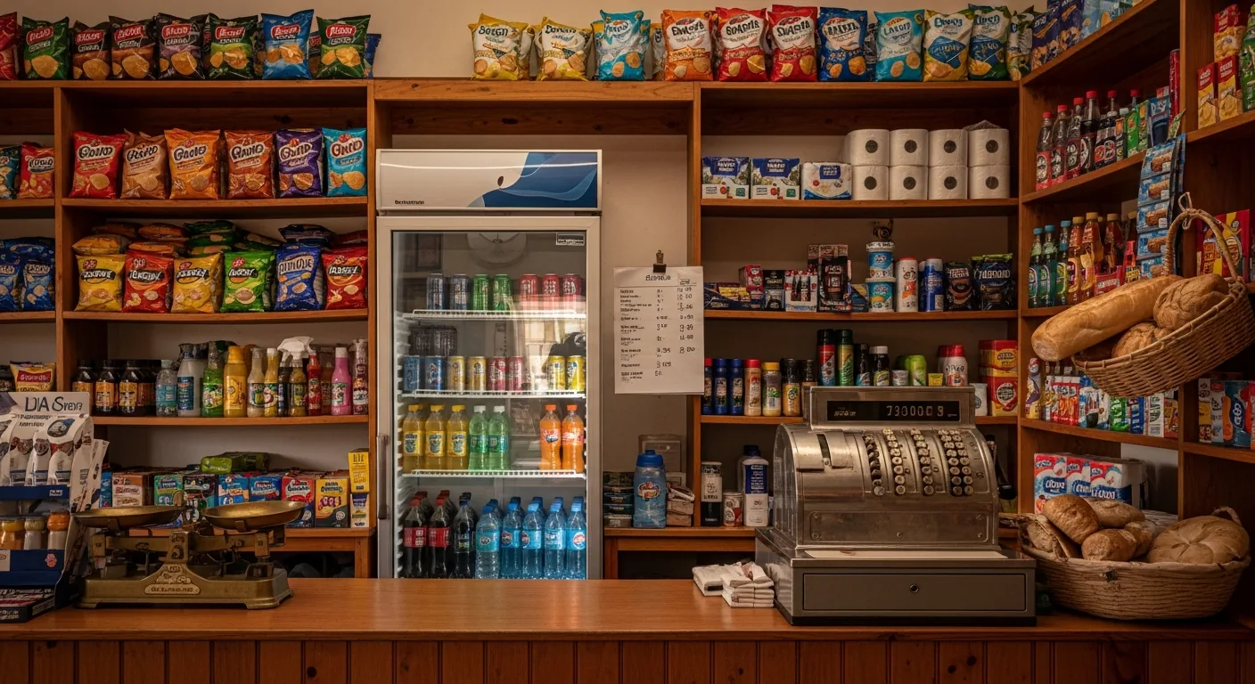 Interior of a small neat South African spaza shop with well-stocked shelves