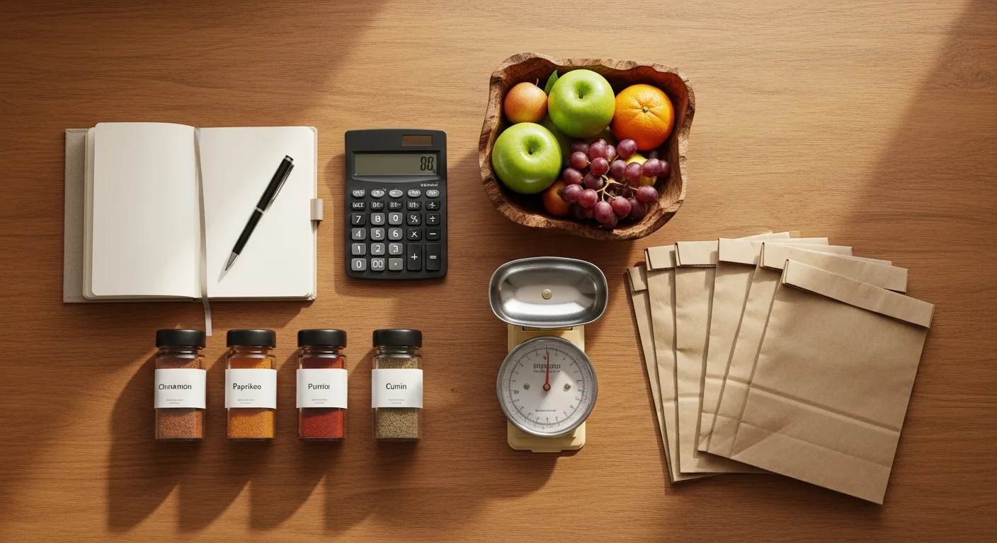 A flat lay of small business starter supplies including a notebook, calculator, packaged spices, small scale and fresh produce