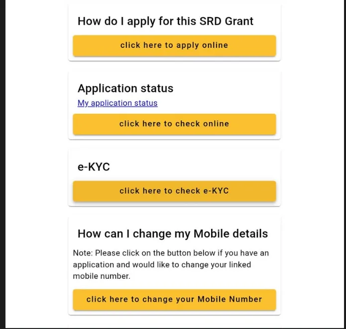 SASSA SRD status page menu cards including How do I apply, Application status, and an e-KYC card with a click here to check e-KYC button