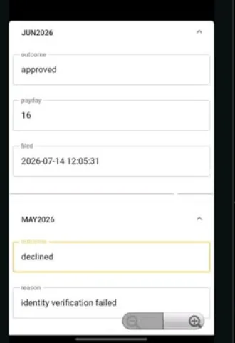 SASSA SRD status cards showing one month declined with reason identity verification failed and the following month approved
