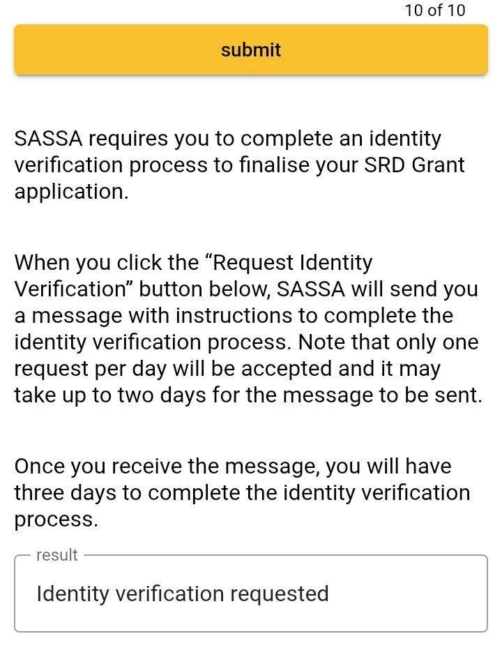 SASSA SRD screen explaining that a verification message will be sent, only one request per day is accepted, and a result box reading Identity verification requested