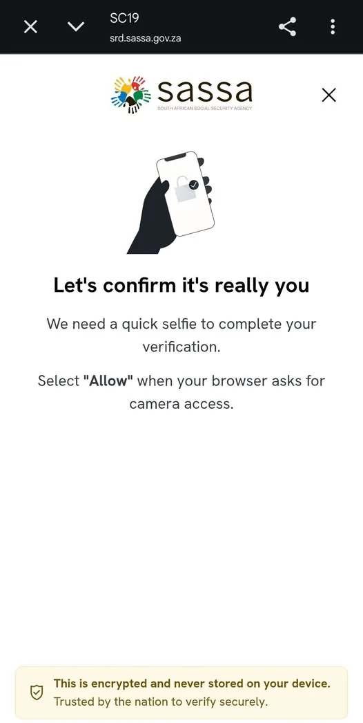 SASSA SC19 page on srd.sassa.gov.za headed Let's confirm it's really you, asking for a quick selfie and camera access, with a note that the image is encrypted and never stored on the device