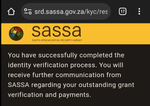 SASSA srd.sassa.gov.za KYC success message reading You have successfully completed the identity verification process and will receive further communication from SASSA about outstanding grant verification and payments