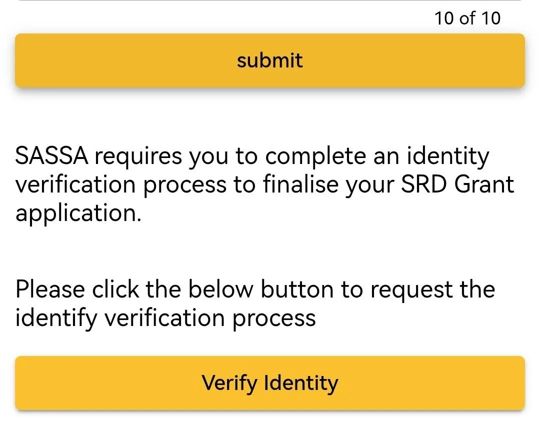 SASSA SRD status screen showing step 10 of 10 with the message that identity verification is required and a yellow Verify Identity button