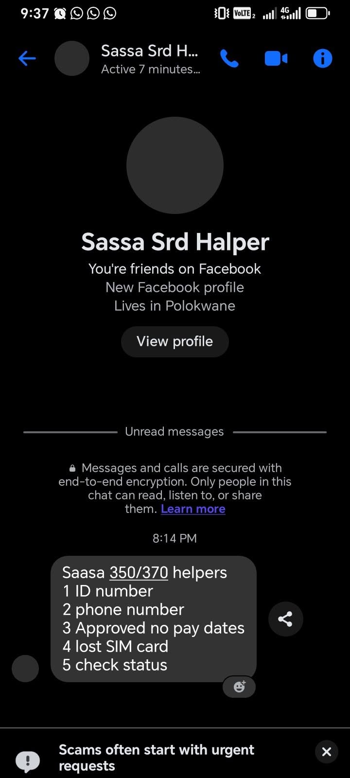 Fake Sassa Srd Halper Facebook Messenger profile listing ID number, phone number, approved no pay dates, lost SIM card, check status