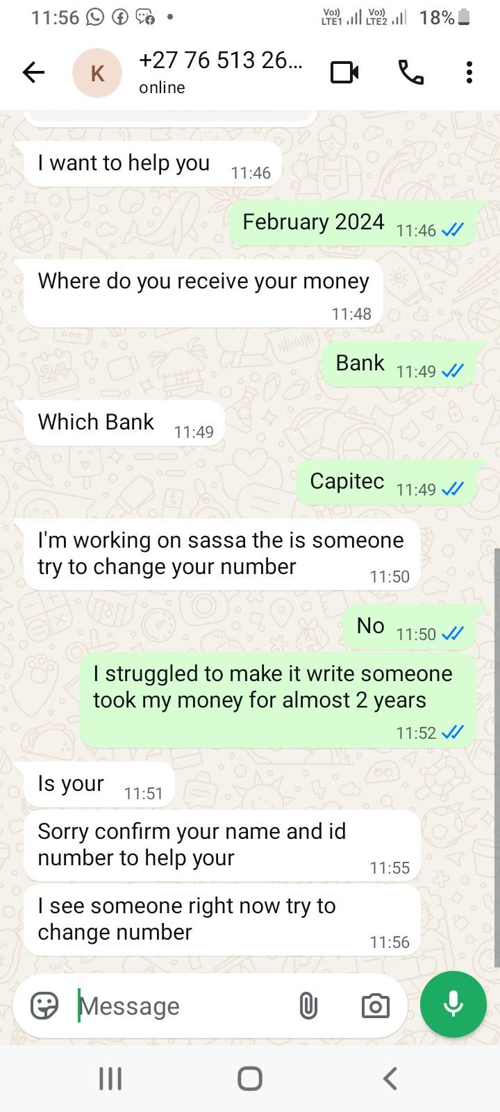 Real WhatsApp scam chat where a fake SASSA helper tries to phish an SRD recipient's ID and bank details