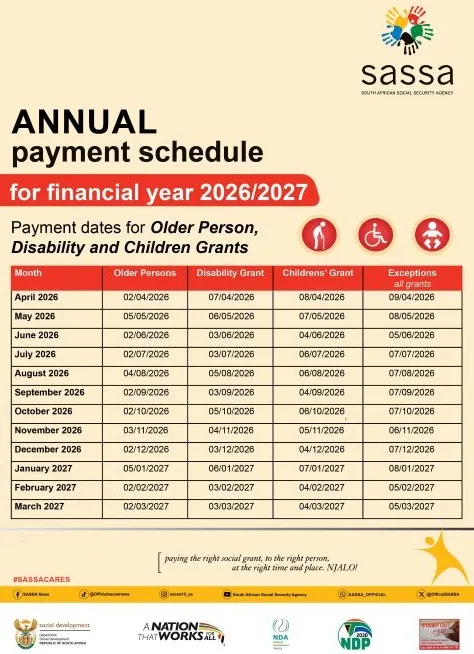 Official SASSA Annual Payment Schedule for financial year 2026/2027, listing pay dates for Older Persons, Disability, Children's Grants and Exceptions from April 2026 through March 2027