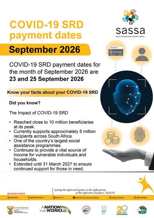 Official SASSA infographic confirming COVID-19 SRD payment dates for September 2026 are 23 and 25 September 2026